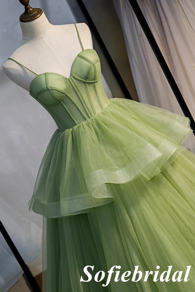 Sexy Dusty-Sage Spaghetti Straps Sleeveless A-Line Lace Up Back Prom Dress, PD01032