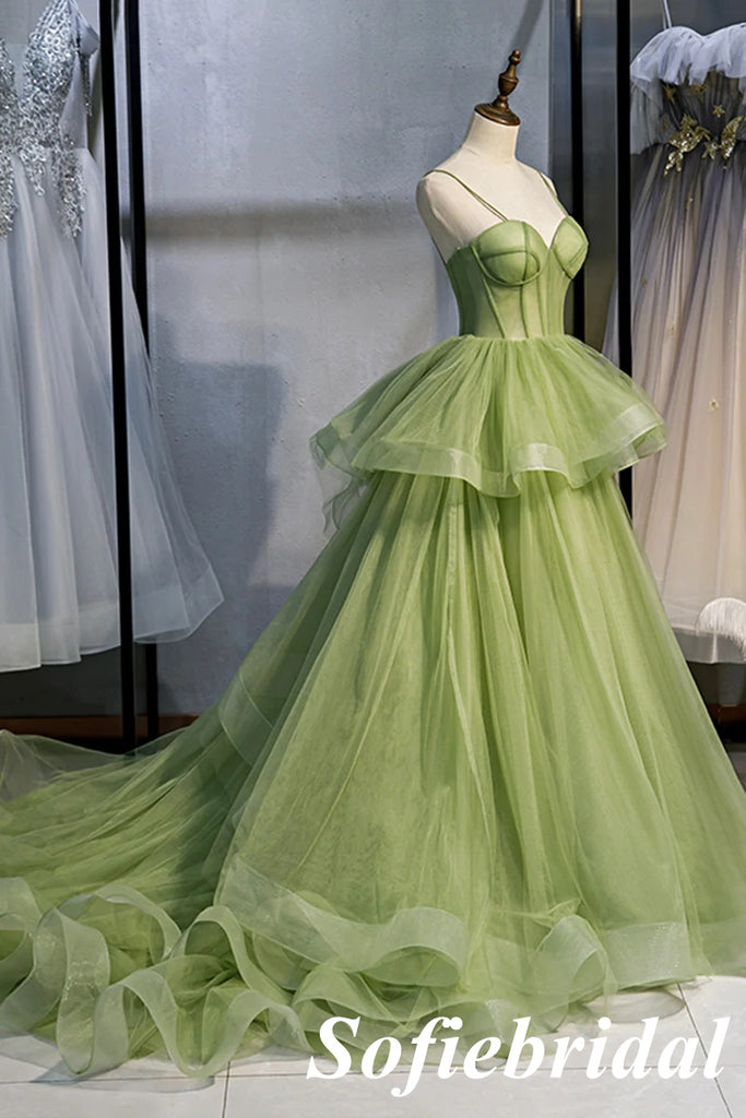 Sexy Dusty-Sage Spaghetti Straps Sleeveless A-Line Lace Up Back Prom Dress, PD01032