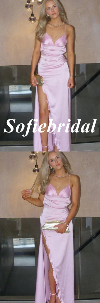 Sexy Soft Satin Spaghetti Straps Sleeveless Side Slit Mermaid Maxi Prom Dress, PD01154