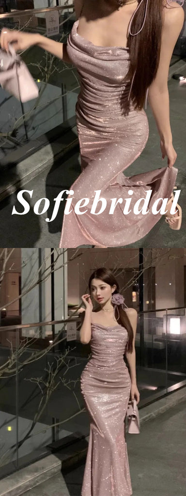 Sexy Shiny Spaghetti Straps Sleeveless Mermaid Floor Length Prom Dress, PD01086