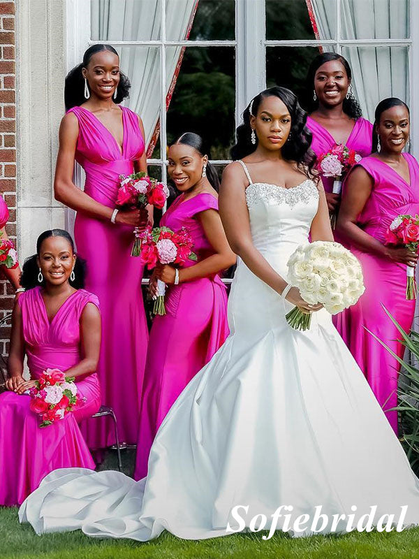 Sexy Soft Satin Spaghetti Straps V-Neck Sleeveless Mermaid Floor Length Bridesmaid Dresses, SFWG00537