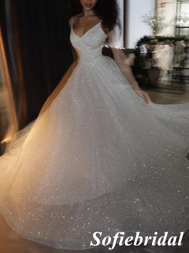 Sparkly Spaghetti Straps V-Neck Sleeveless A-Line Prom Dress, PD01028