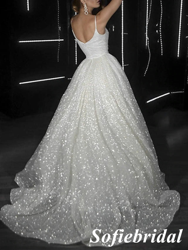 Sparkly Spaghetti Straps V-Neck Sleeveless A-Line Prom Dress, PD01028