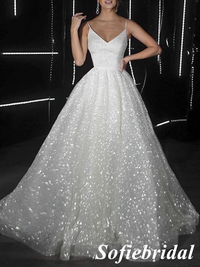 Sparkly Spaghetti Straps V-Neck Sleeveless A-Line Prom Dress, PD01028