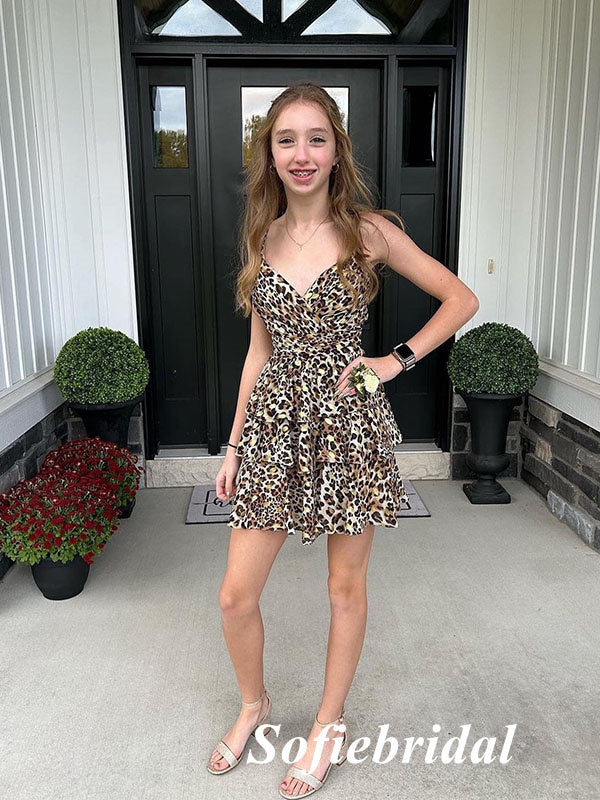 Sexy Leopard Print Spaghetti Straps V-Neck A-Line Mini Dresses/ Homecoming Dresses, HD0270