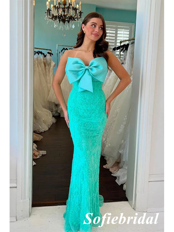 Sexy Lace Sweetheart Sleeveless Mermaid Floor Length Prom Dress With Bow Tie, PD01056