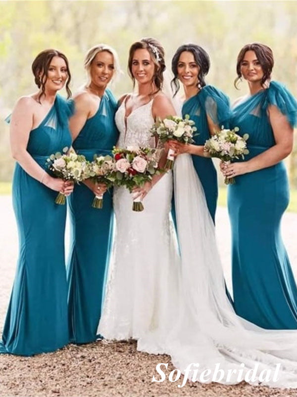 Sexy Jersey One Shoulder Sleeveless Mermaid Floor Length Bridesmaid Dresses, SFWG00526