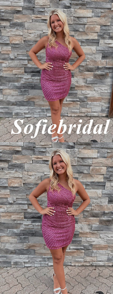 Sexy One Shoulder Sleeveless Sheath Mini Dresses/ Homecoming Dresses With Sequin and Beading, HD0289