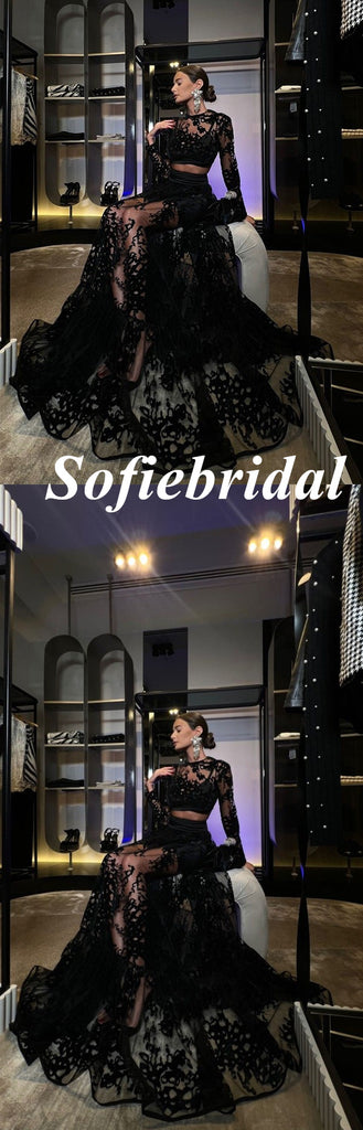 Sexy Black Lace Two Pieces Long Sleeves A-Line Long Prom Dresses, PD0966