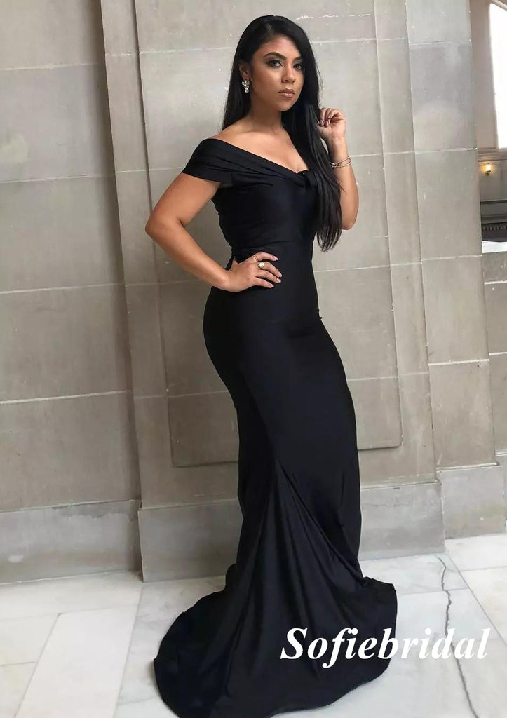 Elegant Black Soft Satin Off Shoulder V-Neck Mermaid Floor Length Bridesmaid Dresses, SFWG00580