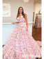 Sweet Floral Tulle Spaghetti Straps V-Neck Sleeveless Side Slit A-Line Floor Length Prom Dress, PD01060