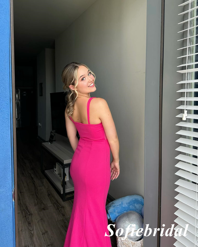 Sexy Gummy Pink Spaghetti Straps V-Neck Sleeveless Side Slit Mermaid Floor Length Prom Dress, PD01094