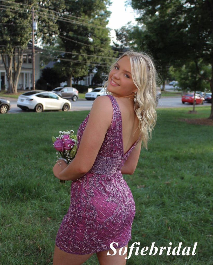 SSexy Spaghetti Straps V-Neck Sleeveless Sheath Mini Dresses/ Homecoming Dresses, HD0280