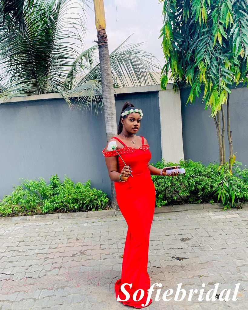 Sexy Red Cold Shoulderr Sleeveless Mermaid Floor Length Bridesmaid Dresses, SFWG00593