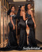 Sexy Mismatched Black Soft Satin Sleeveless Mermaid Floor Length Bridesmaid Dresses, SFWG00599