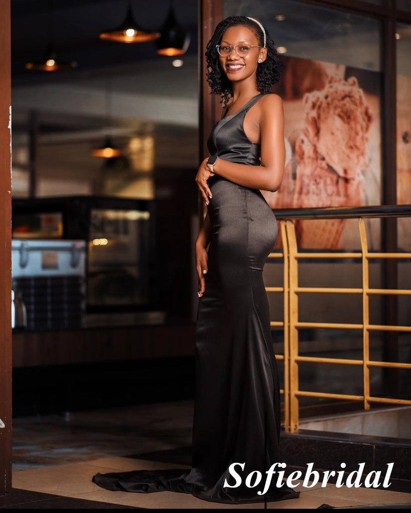 Sexy Mismatched Black Soft Satin Sleeveless Mermaid Floor Length Bridesmaid Dresses, SFWG00599