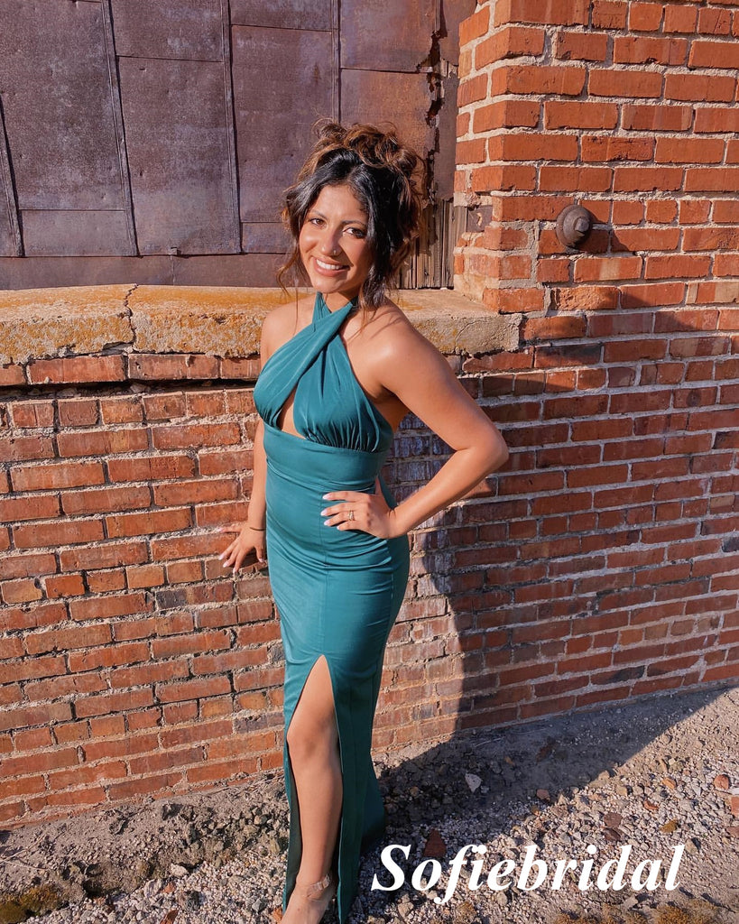 Sexy Soft Satin Halter Backless Mermaid Floor Length Bridesmaid Dresses, SFWG00585