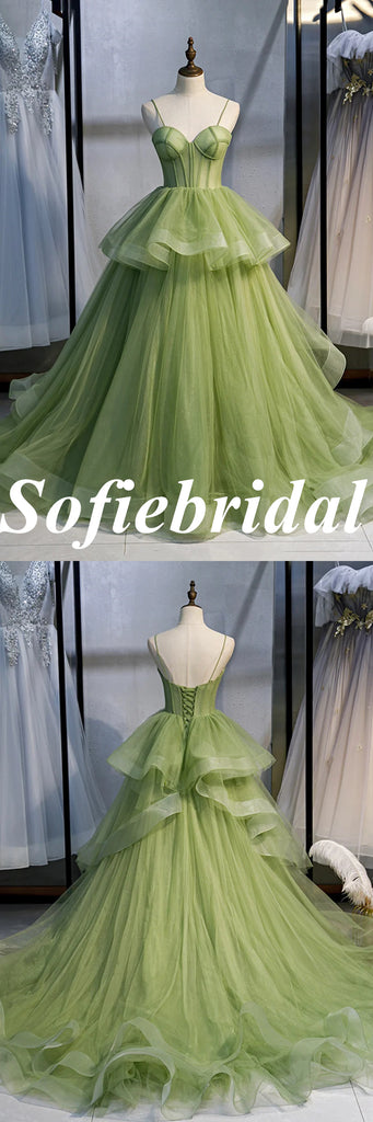 Sexy Dusty-Sage Spaghetti Straps Sleeveless A-Line Lace Up Back Prom Dress, PD01032