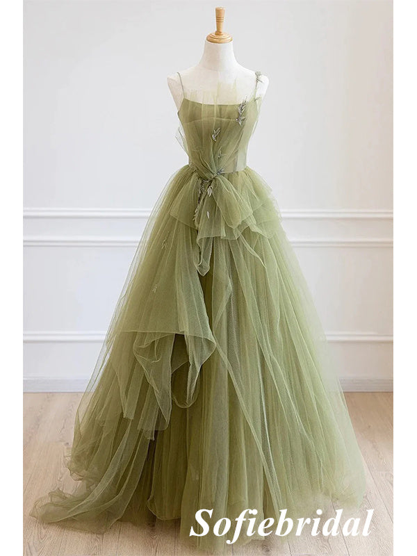 Sexy Dusty-Sage Spaghetti Straps Sleeveless A-Line Prom Dress With Applique, PD01031