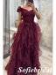 Sexy Tulle Off Shoulder V-Neck A-Line Long Prom Dresses, PD0961