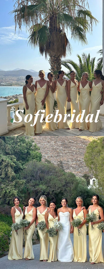 Sexy Soft Satin Spaghetti Straps V-Neck Mermaid Floor Length Bridesmaid Dresses, SFWG00583