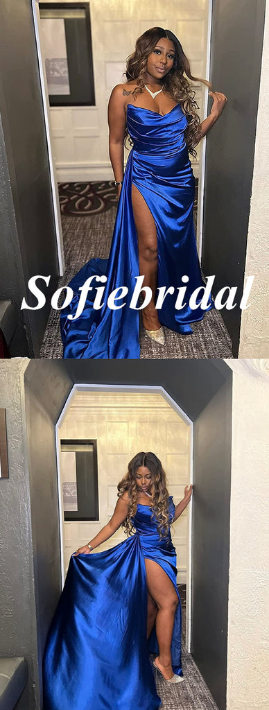 Sexy Soft Satin Sweetheart Side Slit Mermaid Long Prom Dresses With Trail, PD0943