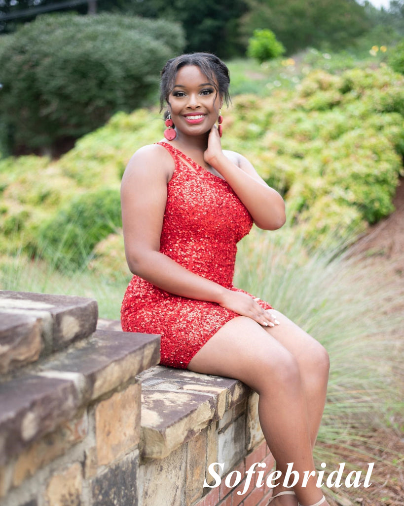 Sexy Red Sequin One Shoulder Sleeveless Sheath Mini Dresses/ Homecoming Dresses, HD0279
