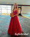 Sparkly Red Sequin Tulle Spaghetti Straps V-Neck Sleeveless A-Line Long Prom Dresses, PD0990