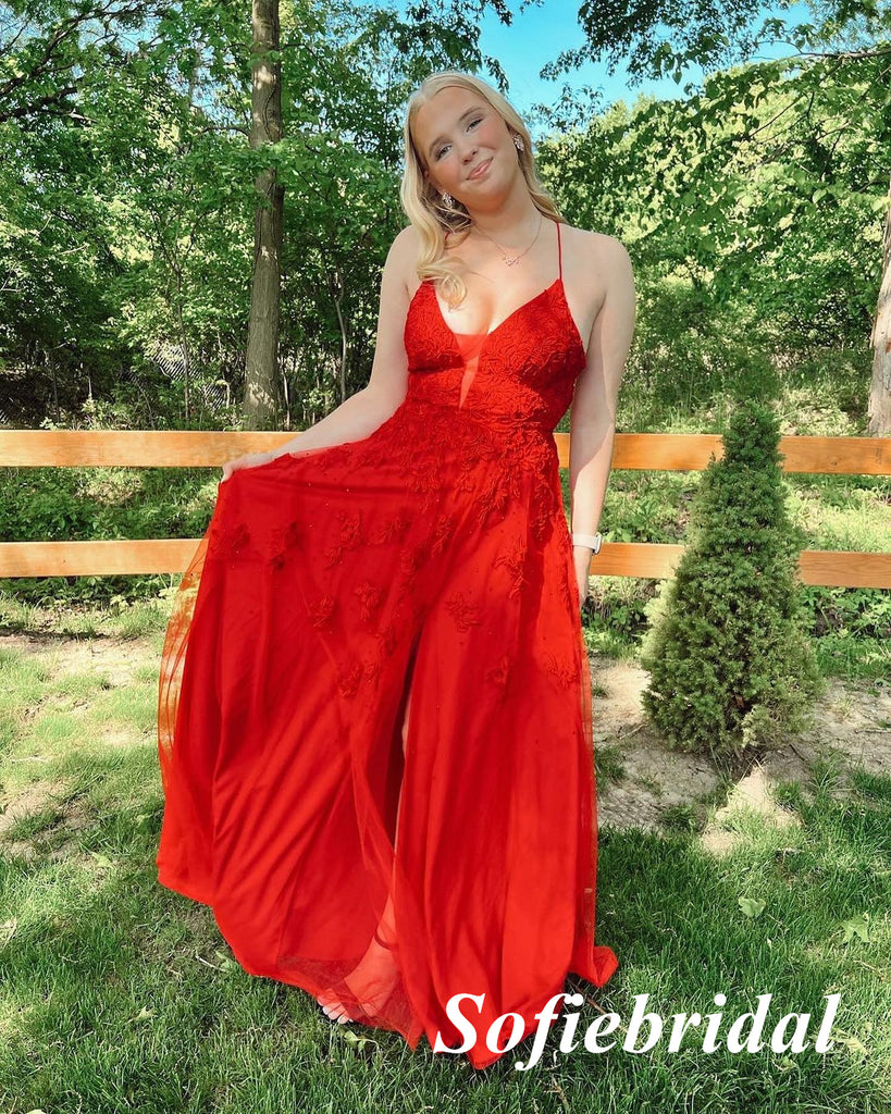 Sexy Red Tulle And Lace Spaghetti Straps V-Neck Sleeveless A-Line Long Prom Dresses, PD0991
