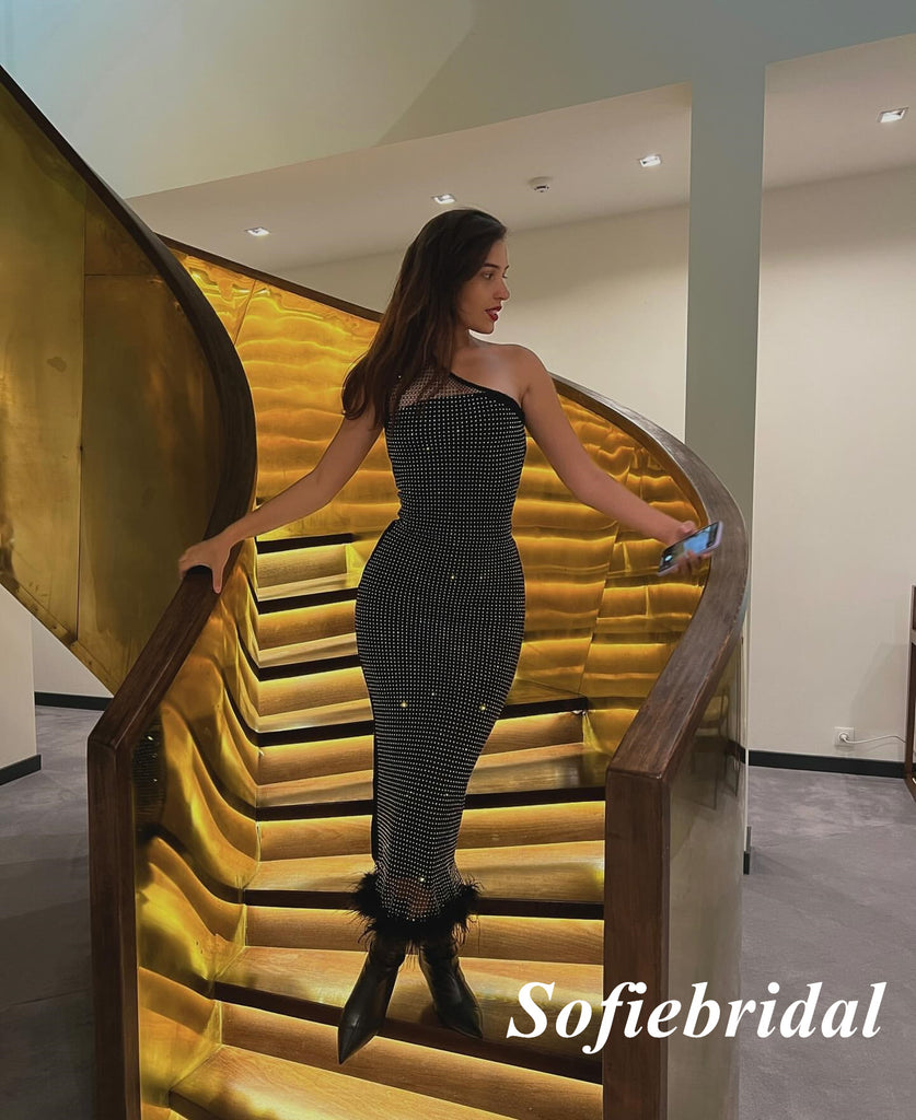 Sparkly Sexy One Shoulder Sleeveless Sheath Ankle Length Prom Dresses, PD01000