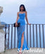 Sexy Blue Chiffon Spaghetti Straps Sleeveless Side Slit Mermaid Floor Length Prom Dress, PD01047