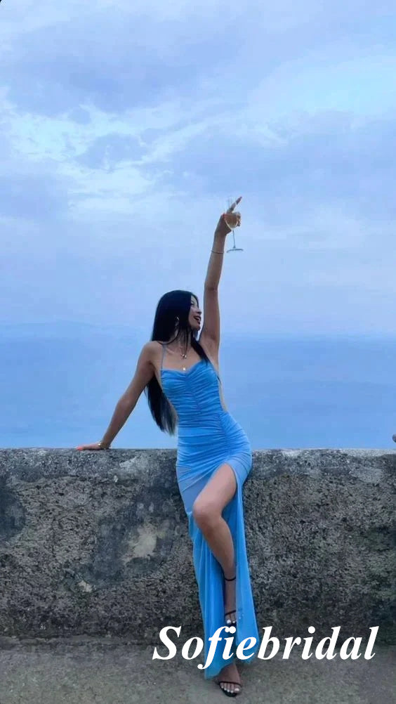 Sexy Blue Chiffon Spaghetti Straps Sleeveless Side Slit Mermaid Floor Length Prom Dress, PD01047