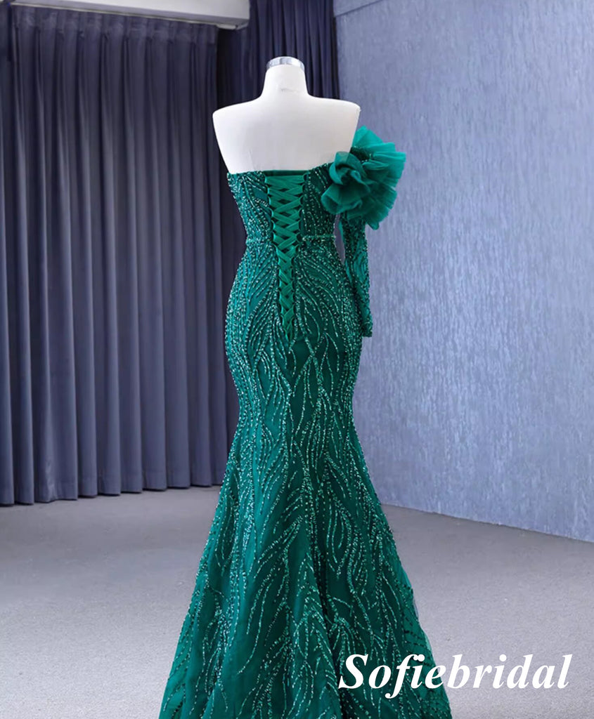 Elegant Tulle One Shoulder Long Sleeve Mermaid Long Dress Prom Dress With Detachable Trail, PD01116