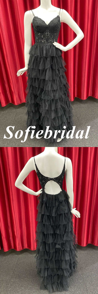 Sexy Black Tulle And Lace Spaghetti Straps V-Neck A-Line Long Prom Dresses, PD0940