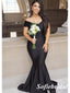 Elegant Black Soft Satin Off Shoulder V-Neck Mermaid Floor Length Bridesmaid Dresses, SFWG00580