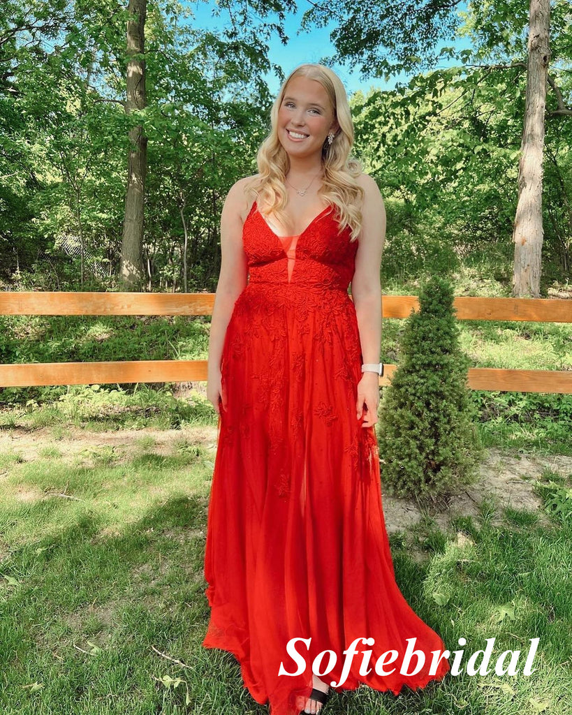 Sexy Red Tulle And Lace Spaghetti Straps V-Neck Sleeveless A-Line Long Prom Dresses, PD0991
