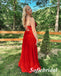 Sexy Red Tulle And Lace Spaghetti Straps V-Neck Sleeveless A-Line Long Prom Dresses, PD0991