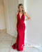 Sexy Red Soft Satin Halter V-Neck Mermaid Long Prom Dresses, PD0977