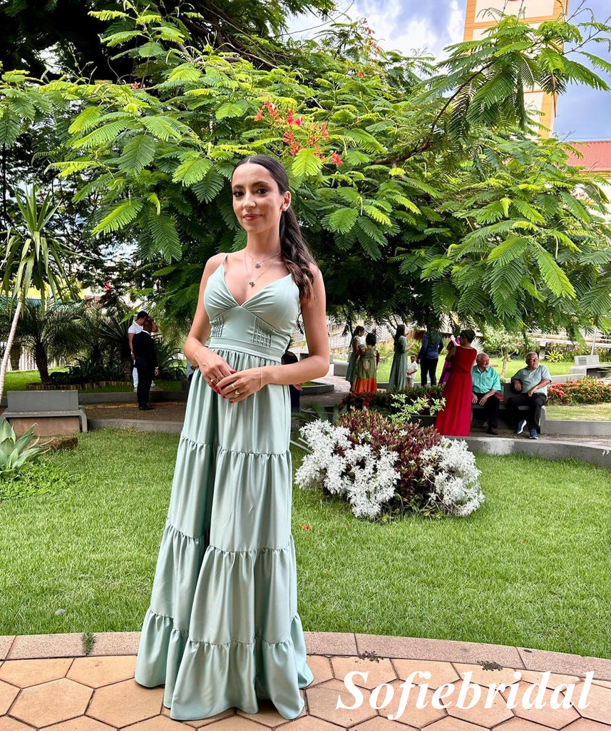 Sexy Soft Satin Spaghetti Straps V-Neck Sleeveless A-Line Floor Length Prom Dress, PD01099