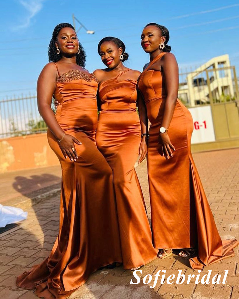Sexy Mismatched Burnt-Orange Soft Satin Sleeveless Mermaid Floor Length Bridesmaid Dresses, SFWG00600