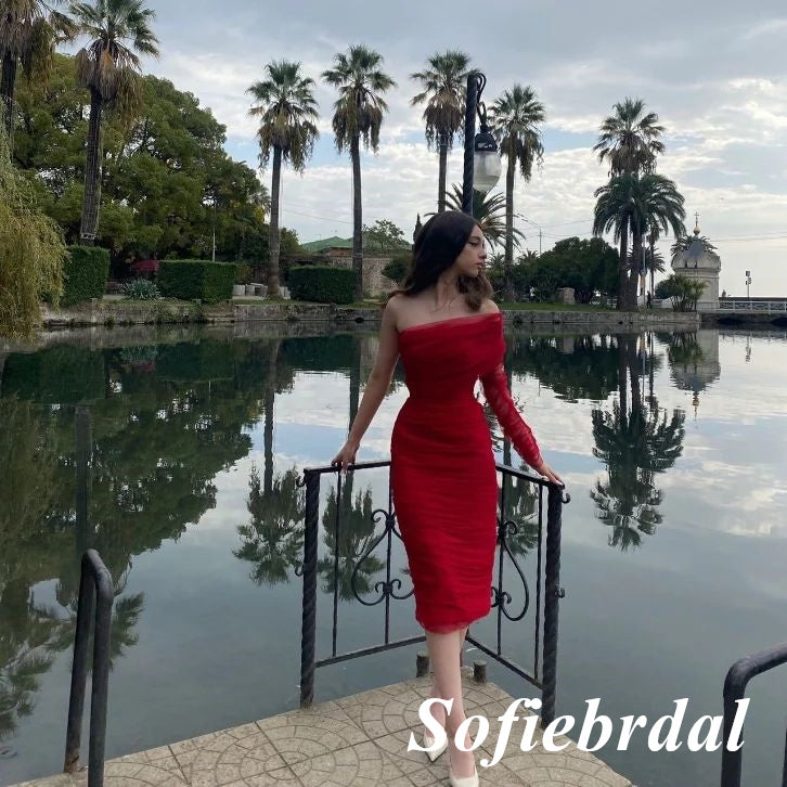 Sexy Red Tulle One Shoulder Long Sleeve Sheath Knee Length Prom Dress, PD01018