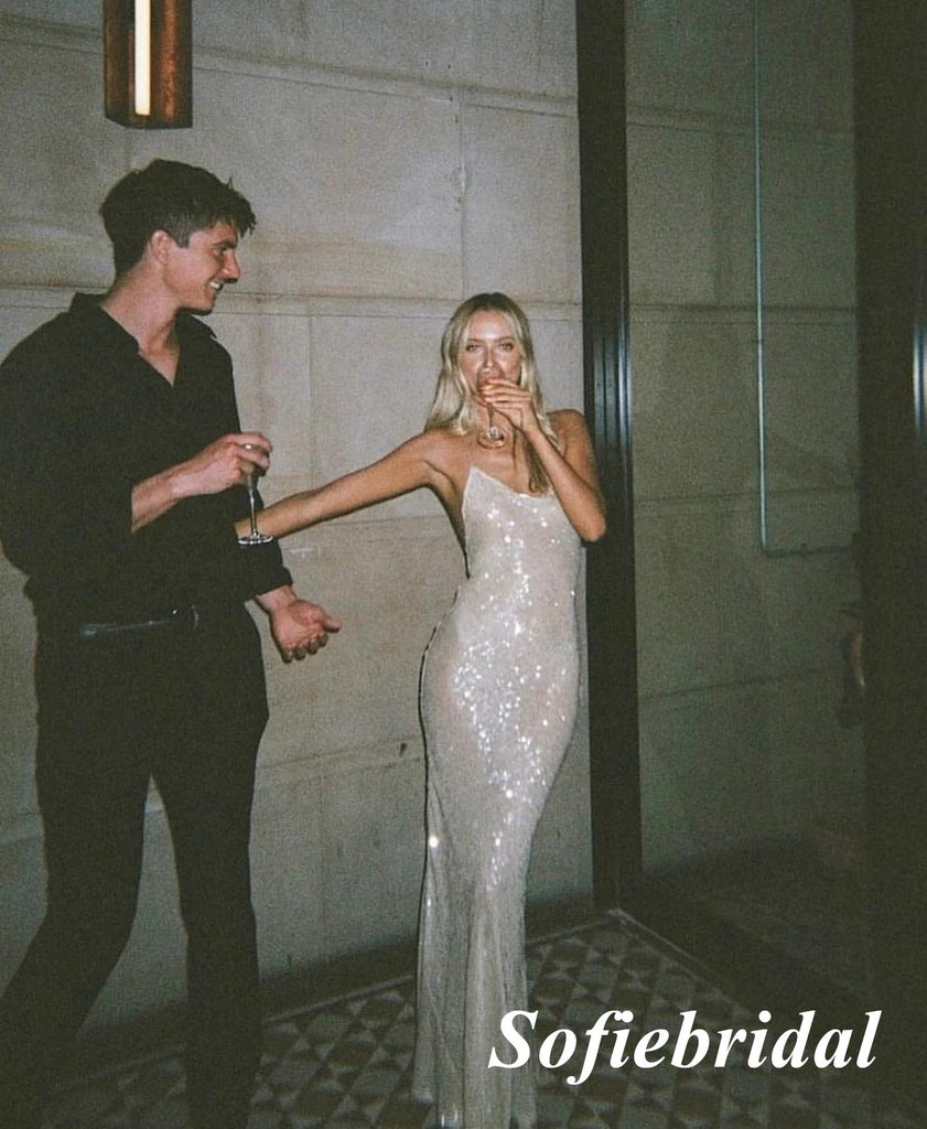 Sparkly Spaghetti Straps Sleeveless Mermaid Long Prom Dresses, PD0987