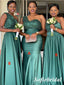 Mismatched Green Sequin And Satin One Shoulder Mermaid Floor Length Bridesmaid Dresses, SFWG00578
