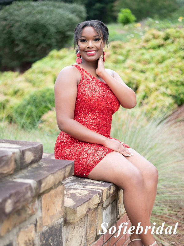 Sexy Red Sequin One Shoulder Sleeveless Sheath Mini Dresses/ Homecoming Dresses, HD0279