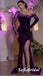 Elegant Purple Velvet Long Sleeves Side Slit Mermaid Long Prom Dresses With Appliques, PD0931