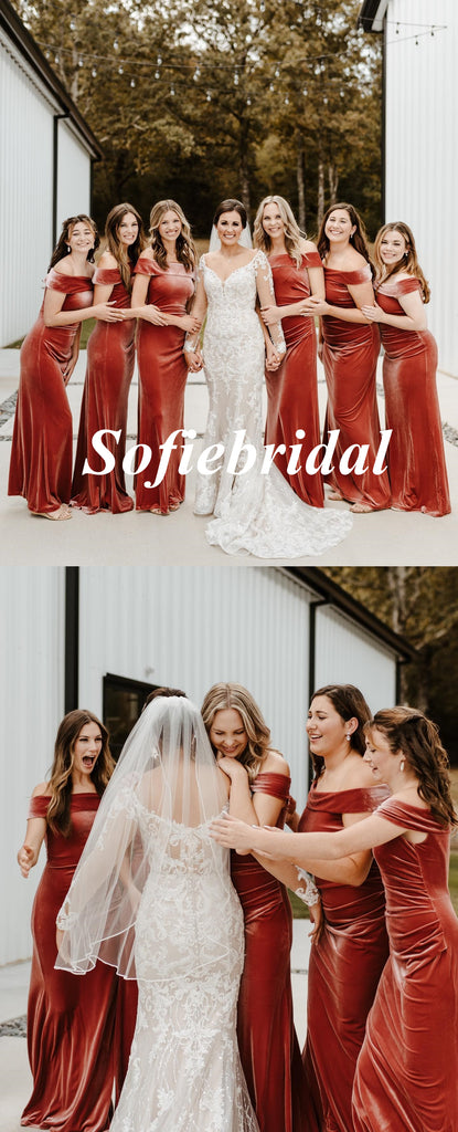 Sexy Velvet Off Shoulder Mermaid Floor Length Bridesmaid Dresses, SFWG00573