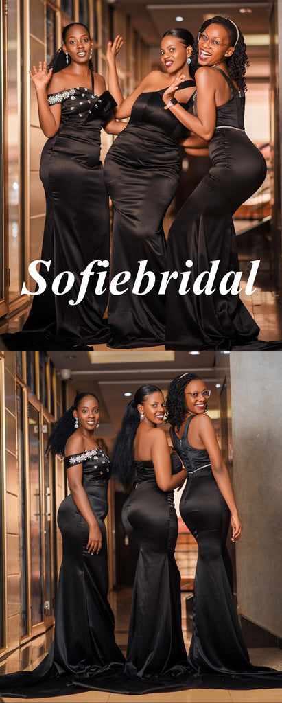Sexy Mismatched Black Soft Satin Sleeveless Mermaid Floor Length Bridesmaid Dresses, SFWG00599
