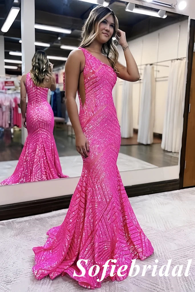 Sexy Hot Pink Sequin One Shoulder Mermaid Long Prom Dresses, PD0982