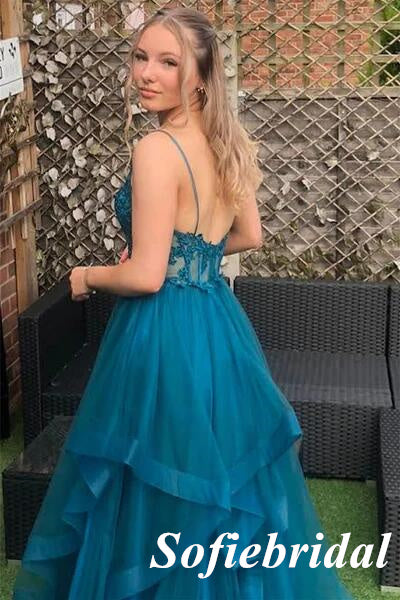 Tulle And Lace Spaghetti Straps V-Neck Sleeveless A-Line Long Prom Dresses, PD0985