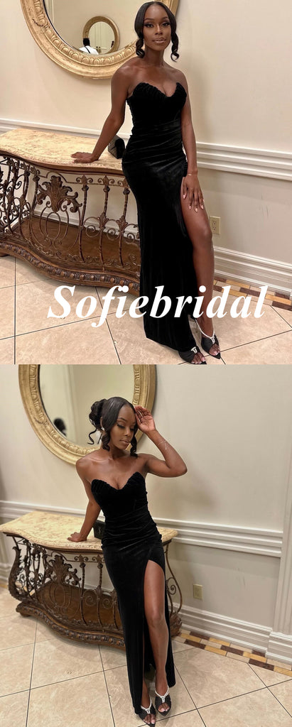 Sexy Black Velvet Sweetheart V-Neck Sleeveless Memmaid Floor Length Prom Dress, PD01072